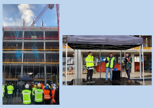 Het hoogste punt van de nieuwbouw Faculteit Wiskunde en Natuurwetenschappen is bereikt! Het gebouw is nu 24,6 meter hoog. 

Een mooie prestatie van het gehele bouwteam.
Van harte gefeliciteerd Universiteit Leiden!