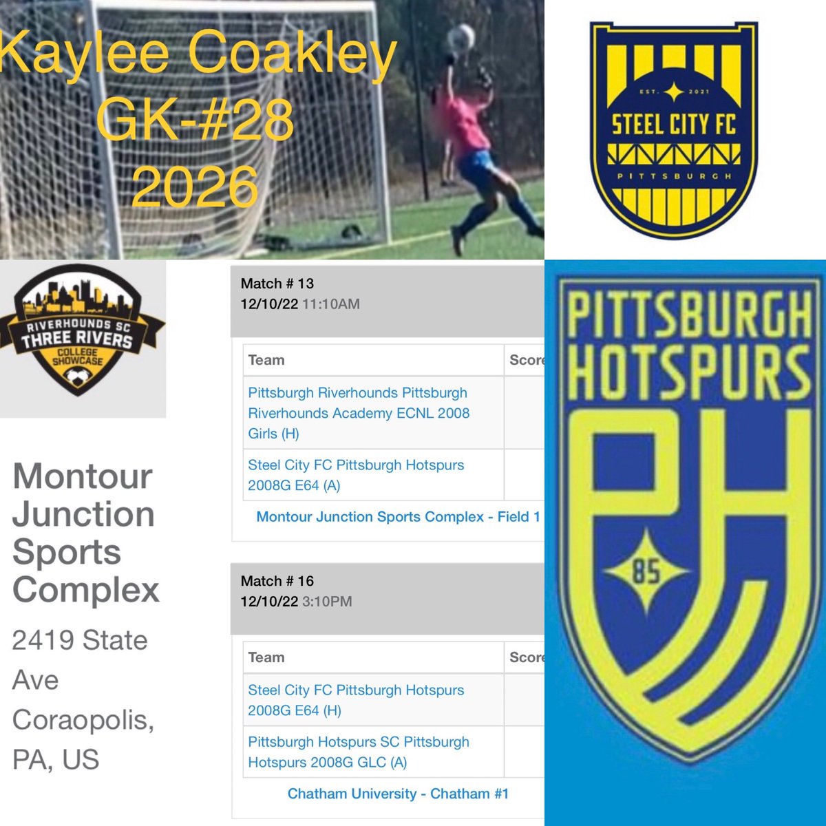 💥Come check us out at the Riverhounds Three Rivers College Showcase this weekend! 💥 Steel City FC Pittsburgh Hotspurs-U15-Elite❗️ <a href="/PeytonLos/">peyton los</a> <a href="/BrookeCacurak/">Brooke Cacurak</a> <a href="/elle_cassidy16/">Elle Cassidy</a>