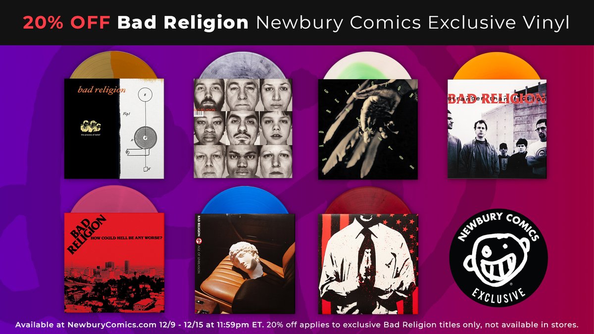 20% OFF BAD RELIGION EXCLUSIVES! Seven limited edition NC color vinyl exclusives available at 20% OFF through 12/15. Great way to start your Bad Religion collection! Here ya go: newburycomics.com/collections/ve…