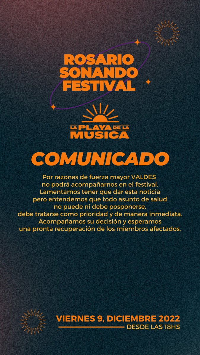 #IMPORTANTE🥳ROSARIO SONANDO FESTIVAL🥳
Verano, playa, río y música en vivo 🤩
¿Qué mejor forma de despedir el 2022?
🗓️ Viernes 9 de diciembre
🕔 Desde las 17hs.
🎟️ Desde $3600
Entradas➡️passline.com/eventos/festiv…