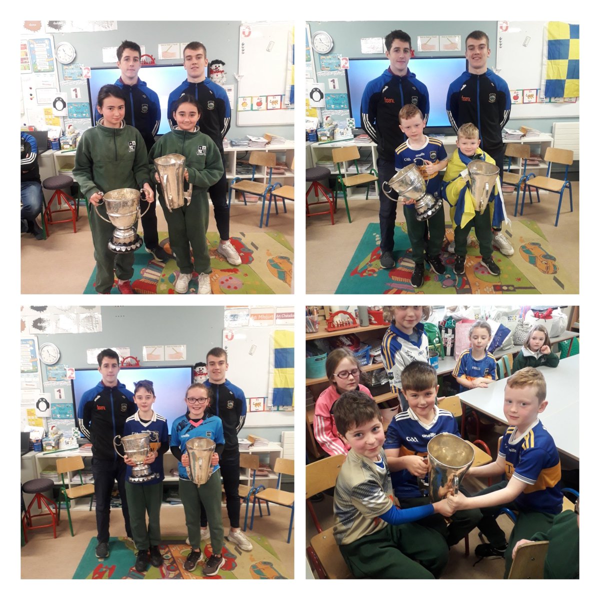 clonmore_ns's tweet photo. We were delighted to welcome Jamie Ormond, Paddy Phelan and Ray Doyle to our school today  with the Irish Press Cup. Thank you for telling us about your journey to becoming All Ireland Minor Hurling Champions. A great day was had by all. https://t.co/9S14xmRuLP