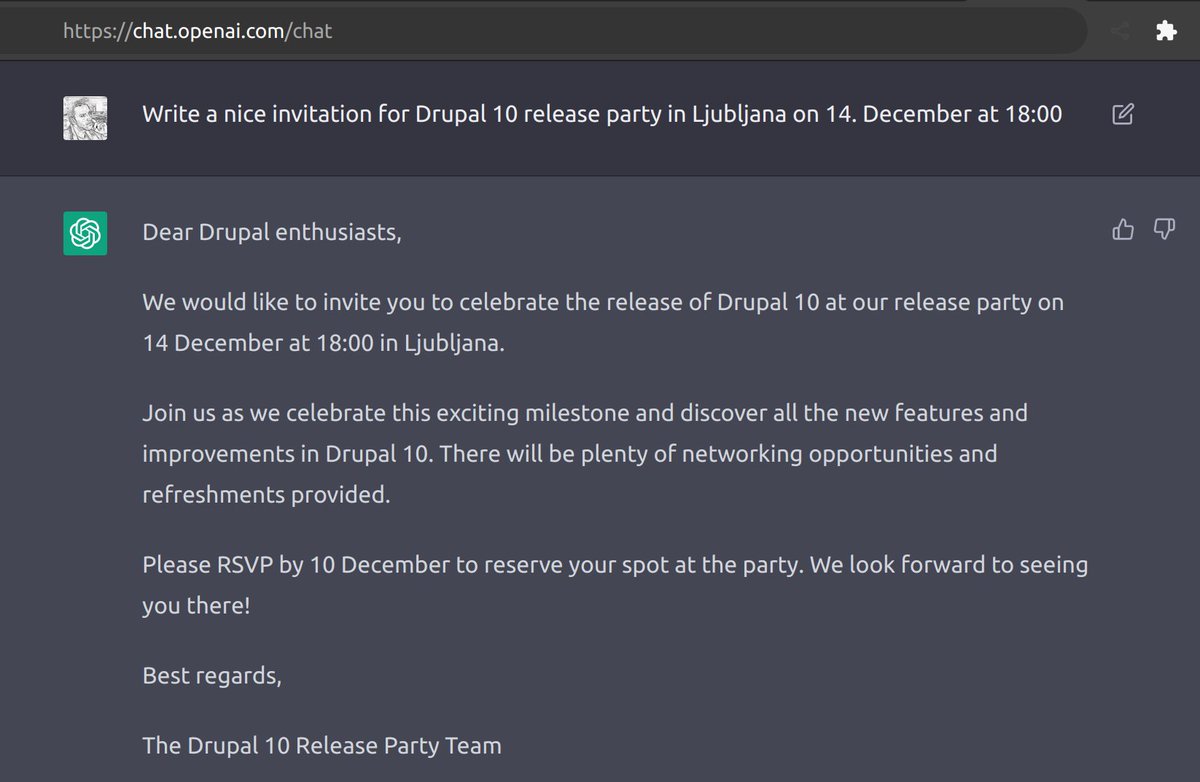AI generated 👀! Drupal 10 Release party Ljubljana - RSVP meetup.com/drupal-sloveni…
P.S. We will talk about ChatGPT too.