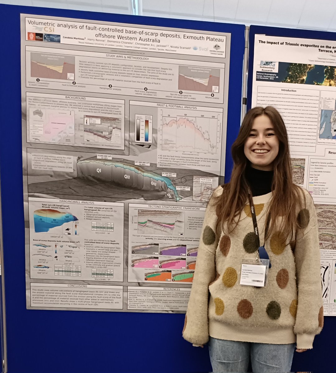 This week I presented a poster at <a href="/brit_seds/">BSRG</a>, "Volumetric analysis of fault-controlled base-of-scarp deposits, Exmouth Plateau, offshore Australia" <a href="/CSI_RHUL/">Clastic Sedimentology Investigation</a>.
First time making a poster. What an amazing experience. Really appreciate all the feedback and discussions.