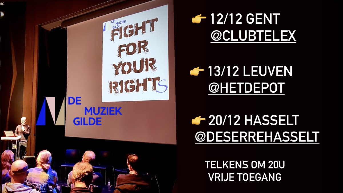 Dit is geen ledenwerving, maar een broodnodige informatieve/interactieve tournee! En we brengen ook volgende week weer onze vrienden van <a href="/PlayRightbe/">PlayRight</a> <a href="/SABAM_Official/">Sabam</a> en <a href="/Amplo_HR/">AMPLO</a> mee. 
Reserveer gerust (niet verplicht).
👉 demuziekgilde.be/event-details/…