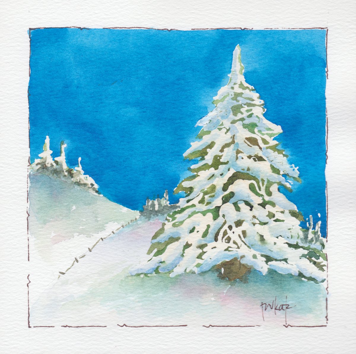 ‘Hillside Beauty’, the Day 1 Release in the Blue Sky Series featuring nine paintings in nine days. This 6x6 original watercolor on paper is mounted on an 8x8 mat board and priced at $75 (shipping and taxes included). See link for how to make it yours.  pauseworks.com/patkatzartwp/r…