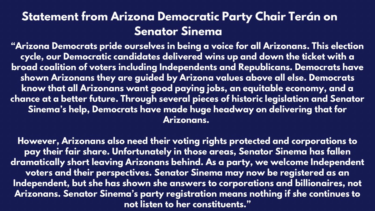 azdemparty's tweet image. Please see our statement below regarding @kyrstensinema’s change in party affiliation.
