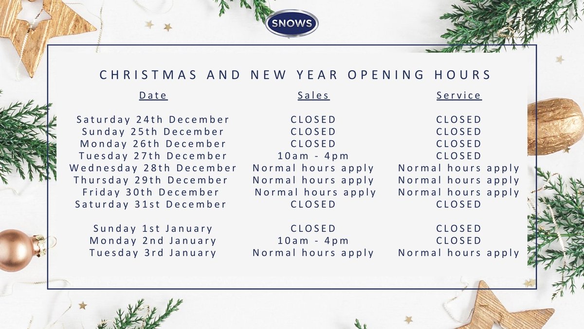𝗖𝗛𝗥𝗜𝗦𝗧𝗠𝗔𝗦 &amp; 𝗡𝗘𝗪 𝗬𝗘𝗔𝗥 𝗢𝗣𝗘𝗡𝗜𝗡𝗚 𝗛𝗢𝗨𝗥𝗦 🎄
This Christmas period our dealerships' opening times will be slightly different, so please take a look below to ensure that you don’t miss us:

#Christmas