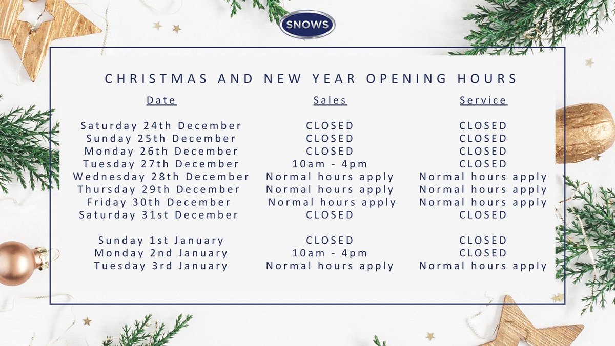 𝗖𝗛𝗥𝗜𝗦𝗧𝗠𝗔𝗦 & 𝗡𝗘𝗪 𝗬𝗘𝗔𝗥 𝗢𝗣𝗘𝗡𝗜𝗡𝗚 𝗛𝗢𝗨𝗥𝗦 🎄 This Christmas period our dealerships' opening times will be slightly different, so please take a look below to ensure that you don’t miss us: #Christmas