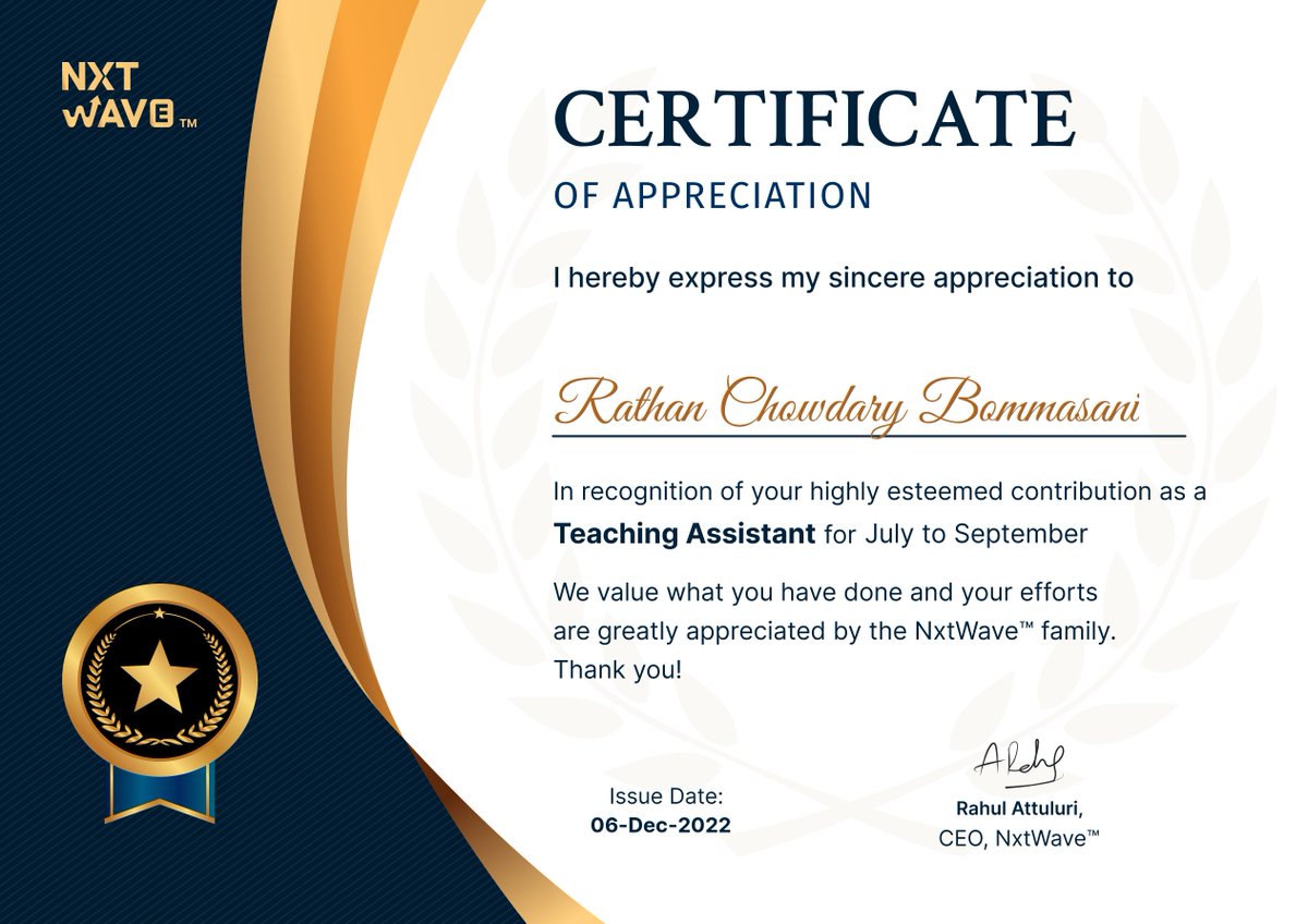 rathan_chowdary's tweet photo. #hello 
I'm happy to announce that I received a #certificate of #appreciation for my efforts as a #teaching #assistant for 12 weeks in @nxtwave_tech #teachingassistant program. 

@rahulattuluri @sashankreddy07 @girishakash13 #nxtwave #ccbp #ccbpian #ccbpacademy #IamNxtWaveTA https://t.co/8NCjjtWmhi