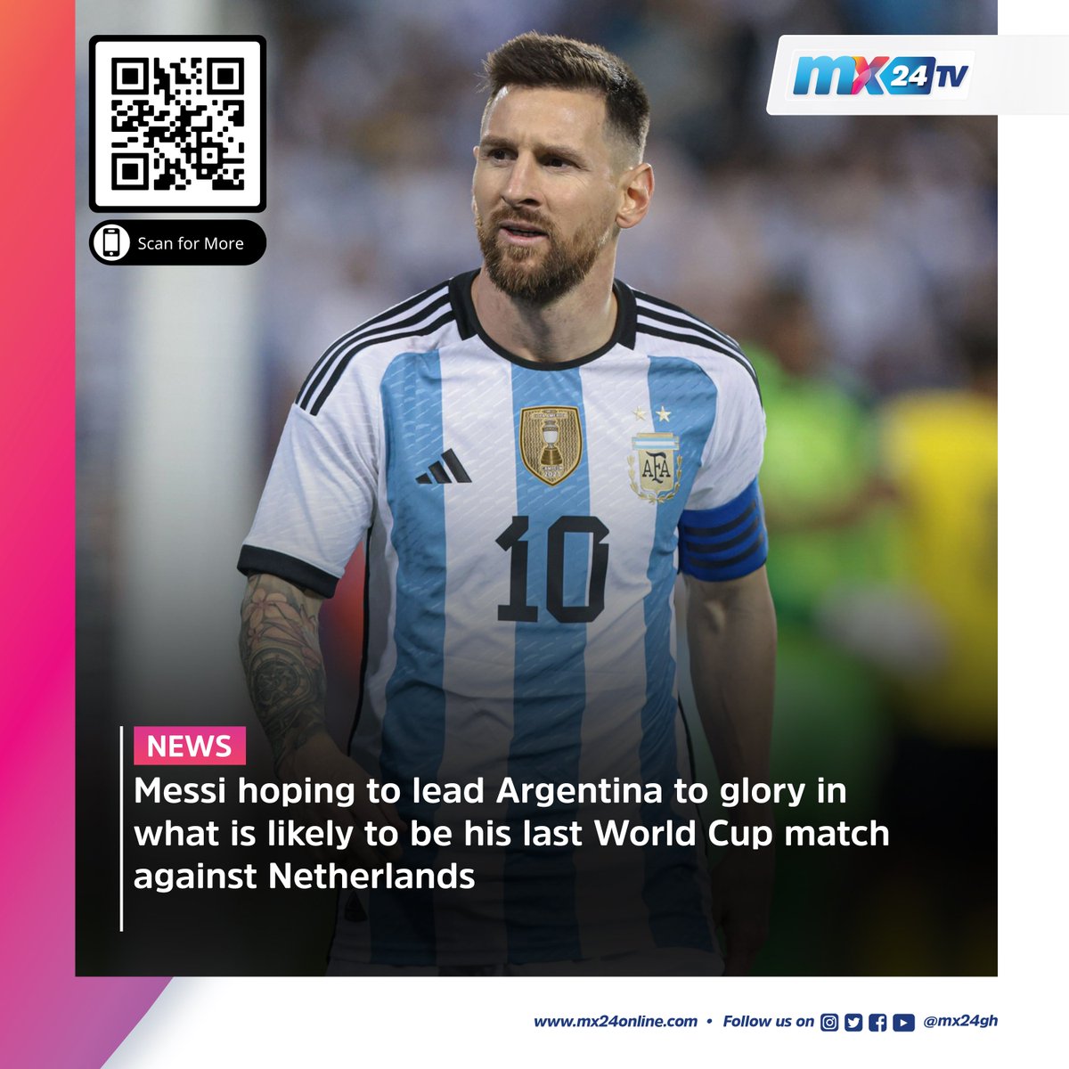mx24gh's tweet photo. Here are today's biggest headlines. Scan the code to visit our website to read more.
#mx24gh #funfearlessfactual #Mx24news #Argentina #Netherlands #Bagbin #BridgetOtoo #YawDabo #GFA #BlackGalaxies #Heartsofoak #France #Qatar2022 #Messi #MignonduPreez #OnceUponARiddle https://t.co/g40VHtQFfL