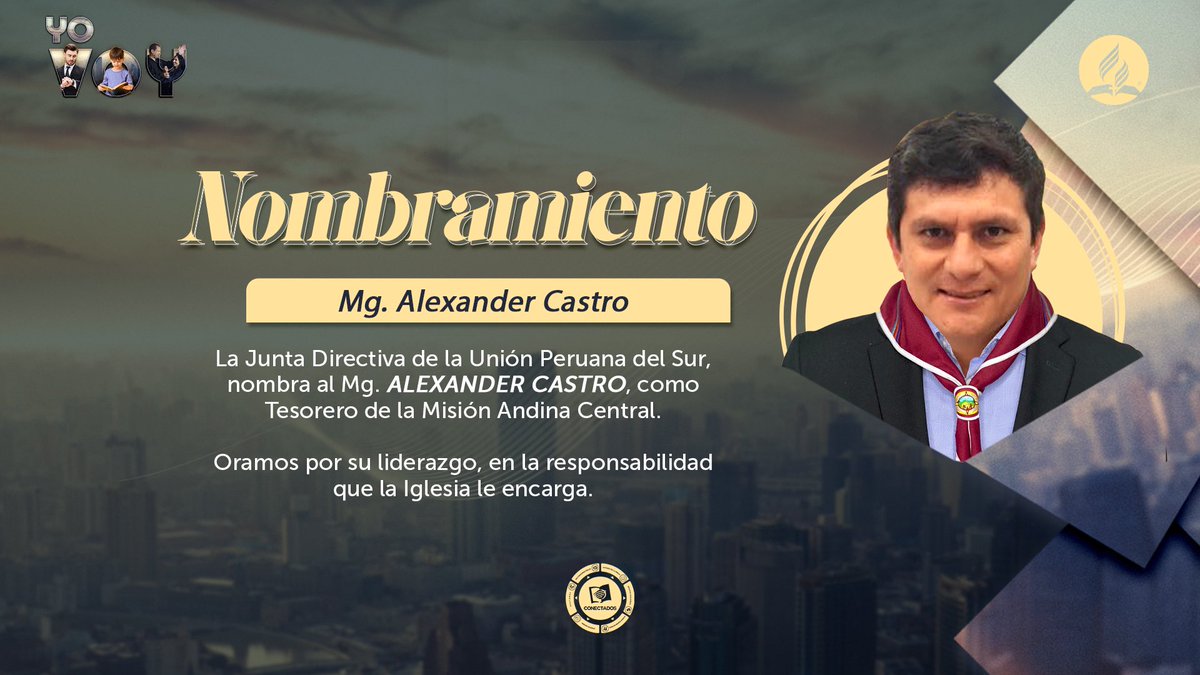 Saludamos el nombramiento del Mg. Alexander Castro, como tesorero de la Misión Andina Central.

Dios bendiga su liderazgo en la responsabilidad que la Iglesia le encarga.
<a href="/EnzoChavez/">Enzo Chávez</a>