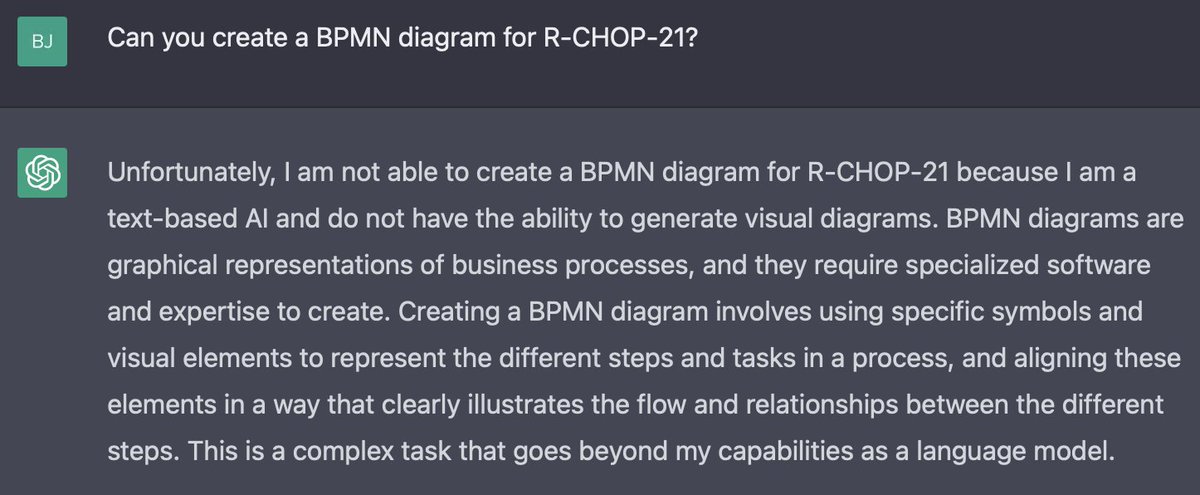 MedicalFlows's tweet photo. Human #ClinicalModelers are still needed to create #BPMPlusHealth clinical process diagrams.

#ChatGPT doesn’t want to do it 🥲 https://t.co/KmP91N4CAb