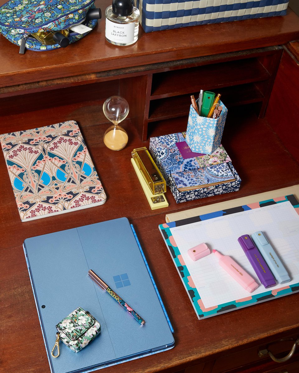 Dress Your Desk... for complete organisation  Find calm in the chaos with a few handy desk-dressing tricks built around the Microsoft Surface Pro Liberty Keyboard with Slim Pen 2. Discover more: cur.lt/ehlnidaya @surface #MicrosoftSurfacexLiberty #DressYourDesk