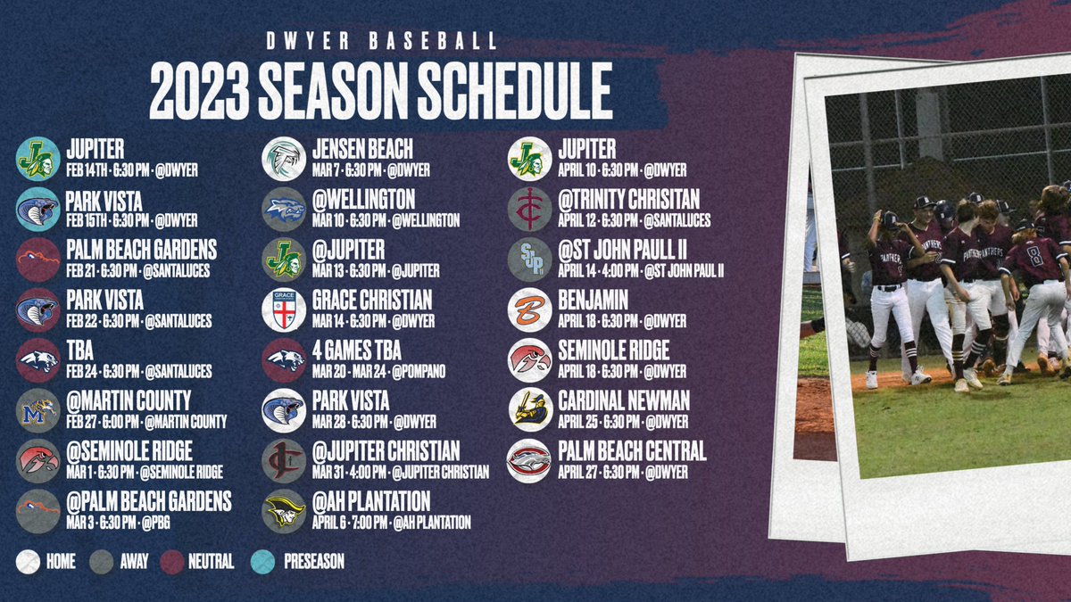 DwyerHSbaseball's tweet image. 2023 schedule!!! The boys will report to the field after winter break to get to work! Let’s have a great season! #GoPanthers #wejustwin #WeAreDwyer