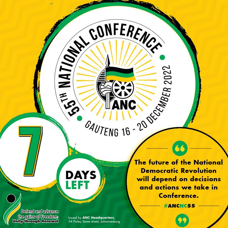 PMashatile's tweet photo. 7 DAYS TO GO | The future of the National Democratic Revolution will depend on decisions and actions we take at the #ANC55NC due to take place from the 16 to 20 December 2022. #ROADTONASREC β¬οΈπ©π¨ #ANCUNITY https://t.co/LgeiJkKqJh