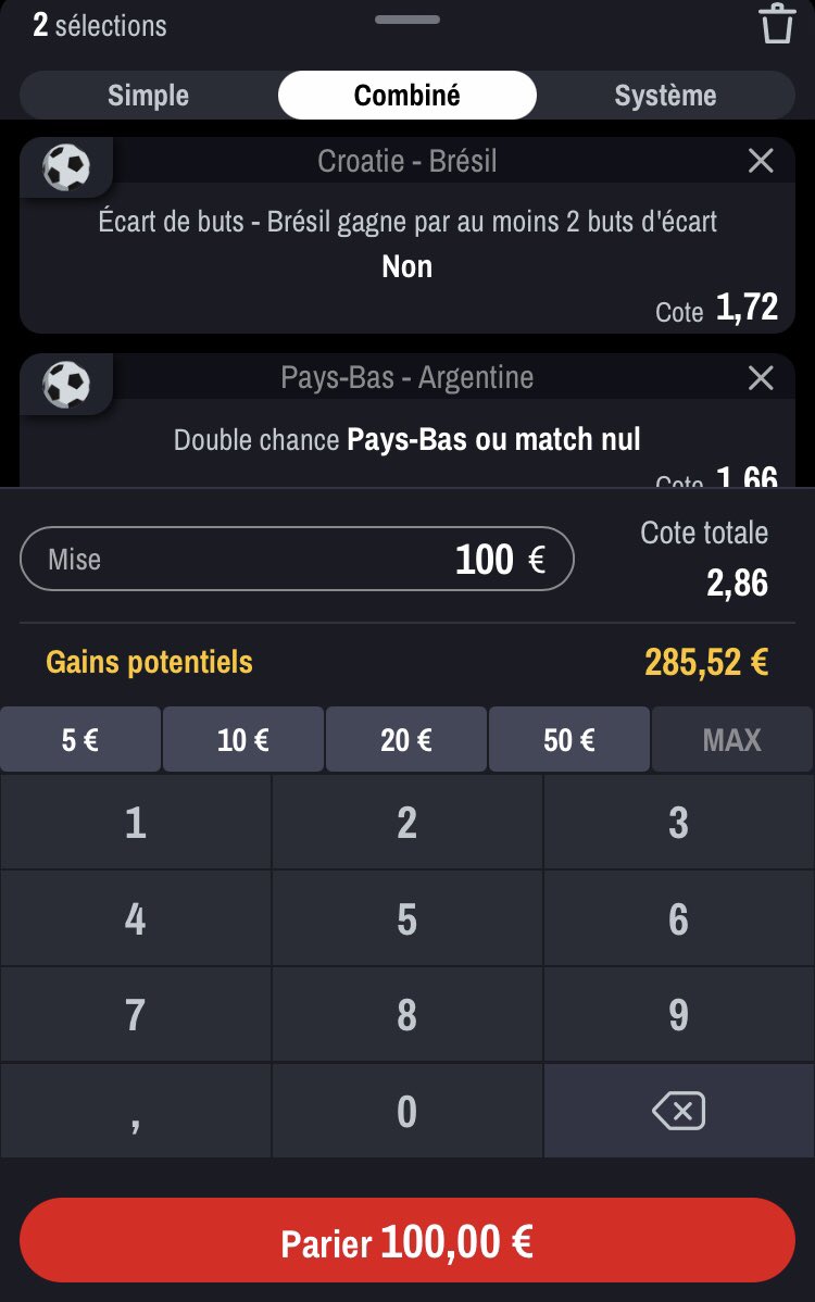BMPronos10's tweet image. Pronostic coupe du monde ⚽️

🇭🇷 - 🇧🇷 Le brésil ne gagne pas par 2 buts d’écart : 1.72
🇳🇱 -🇦🇷 Pays-Bas ou nul :1.66

COMBINÉ :  2.86 🍀

Rejoignez-nous sur Telegram je lache un pari safe pour les matchs de 20h 🍀 #TeamParieur