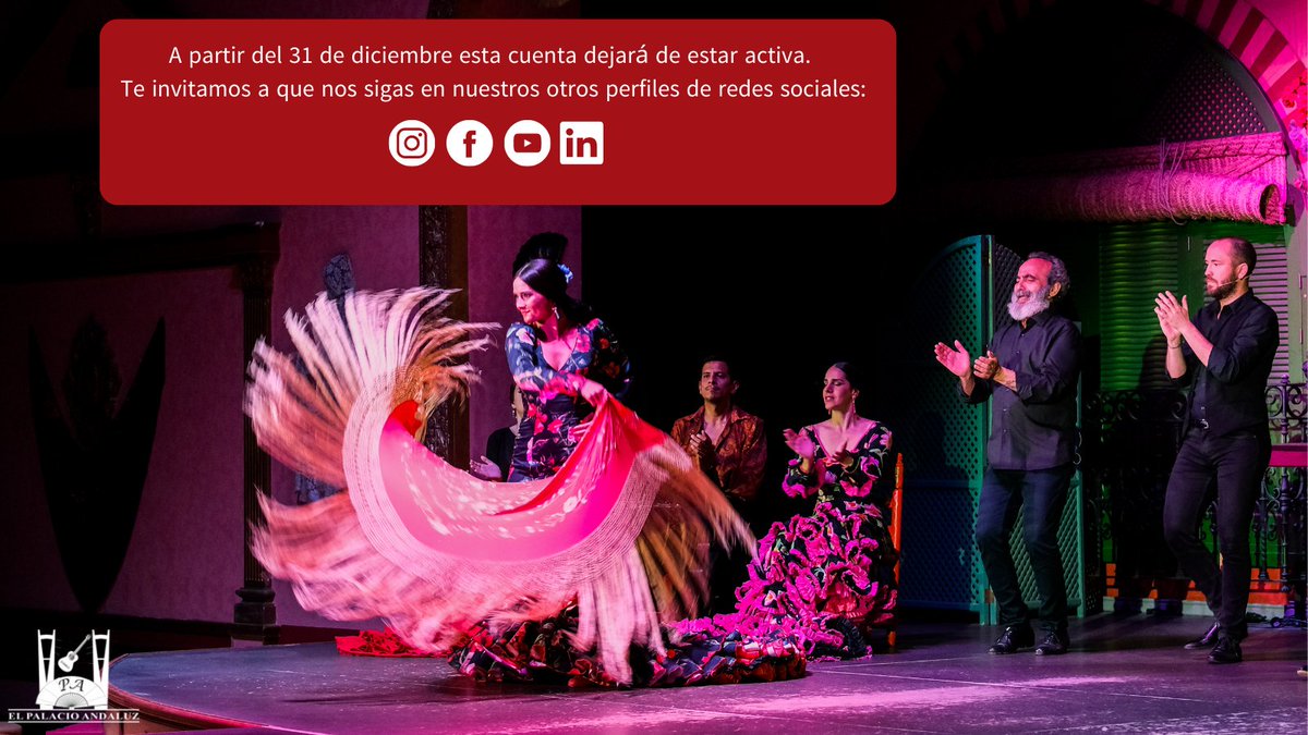 ¿Eres un apasionado del #flamenco? No te pierdas nuestros otros perfiles en 📲RRSS:
📸 Instagram: <a href="/palacioandaluz/">Tablao Flamenco El Palacio Andaluz</a> 
👥 Facebook: @ElPalacioAndaluz
▶️ Youtube: @TablaoFlamencoElPalacioAndaluz
💼 LinkedIn: @elpalacioandaluz

⚠️A partir del 31 de diciembre esta cuenta estará inactiva
