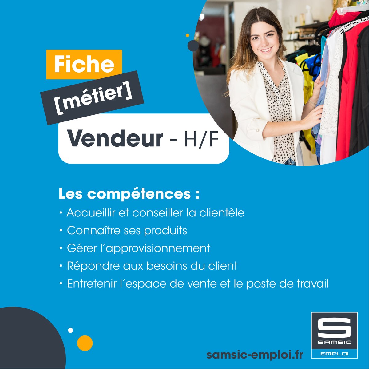 SamsicEmploi's tweet photo. [Fiche métier] Vous êtes attiré(e) par le métier de Vendeur(euse) ? 
Ce métier peut être très différent selon les structures &amp; secteurs d'activité ! On vous en dit plus sur ses missions 😉👇

https://t.co/iHprdbnHsL

#emploi #interim #samsicemploi https://t.co/sBr5EaBCIH