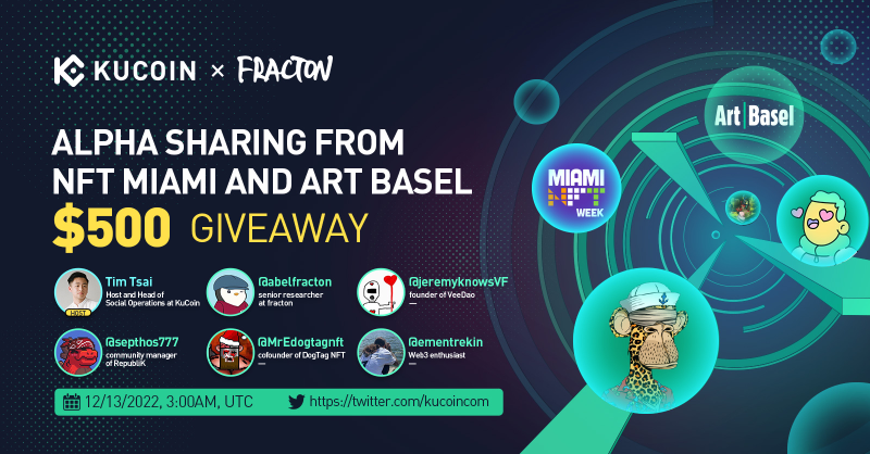kucoincom's tweet photo. Join us on 12/13 at 3AM UTC for our next #KuCoin Twitter Space with host @timmtsai &amp; guests @abelfracton, @jeremyknowsVF, @septhos777, @MrEdogtagnft &amp; @ementrekin!

🎁$500 Giveaway (10 winners of $50 each)
1⃣Follow @kucoincom &amp; all guests
2⃣RT &amp; tag 2 friends

✅Set a reminder👇