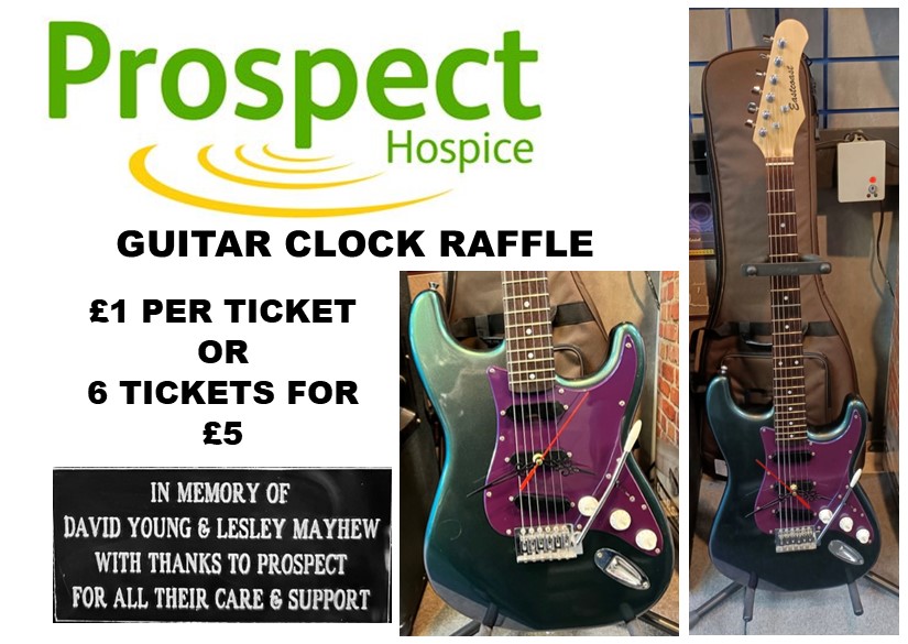 AlanHolmes1's tweet photo. NOT LONG NOW UNTIL THE WINNING TICKET WILL BE PULLED TO WIN THIS GUITAR CLOCK!  GET TICKETS FROM HOLMES MUSIC, LINDSEY MAYHEW, THE TUPPENNY OR THE CASTLE. ALL PROFITS ARE GOING TO THE PROSPECT HOSPICE IN MEMORY OF DAVID YOUNG AND LESLEY MAYHEW...
ONLY ONE WEEK TO GO!!! https://t.co/r7BRe9t4qJ