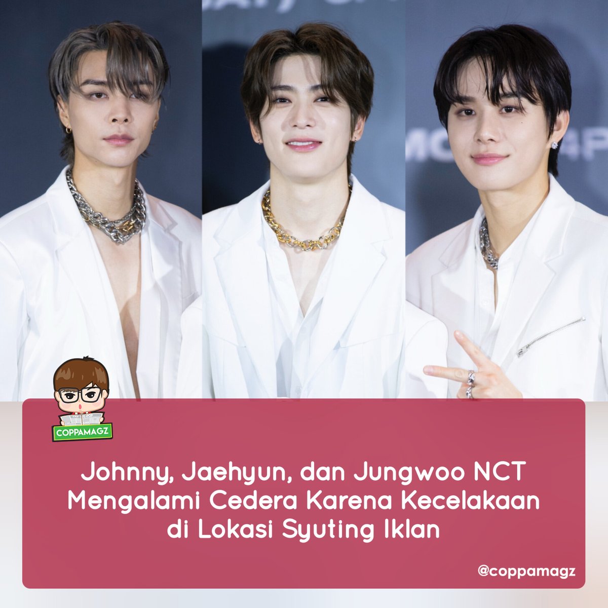 SM Entertainment mengumumkan Johnny, Jaehyun dan Jungwoo #NCT mengalami cedera karena runtuhnya set jungle gym di tempat mereka syuting iklan

Saat ini mereka sedang menjalani pemeriksaan menyeluruh di rumah sakit

Karena kecelakaan ini, Jungwoo absen dari Music Core minggu ini