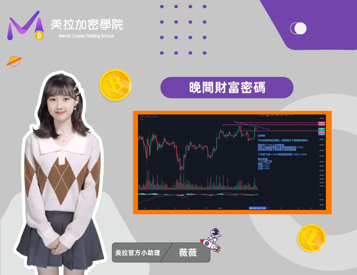 12.09比特幣BTC晚間点位操作指导👇👇

🔥比特幣

今日走勢快速反彈后一直受阻于下跌趨勢綫阻力

現狀在17100上方做整理，
這如上破趨勢綫阻力還要看關鍵前高17440 ，
如能有效突破才有機會打開反彈空間

下方如下破17100 將有潛在回踩17000-16950

💎操作建議：
eth.merahcryptoschool.com/2397