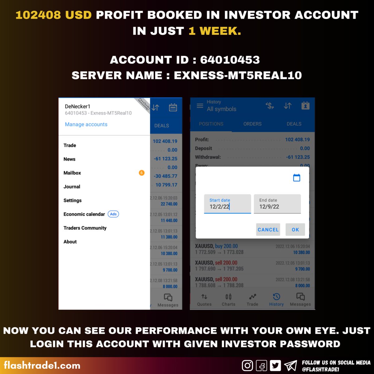 GARYALL99666804's tweet photo. 102408 USD PROFIT BOOKED IN INVESTOR ACCOUNT IN JUST 1 WEEK.
»Start Date: 25/8/2022
»Login Id: 64010453 
»Investor Password: ASK US
»Server Name: Exness-MT5Real10
»Account Type: MT5
#FridayMotivation #usavned #RHOP #Constitucion #CowboysNation #Deion #investing #Investment https://t.co/D1Q18cKlhD