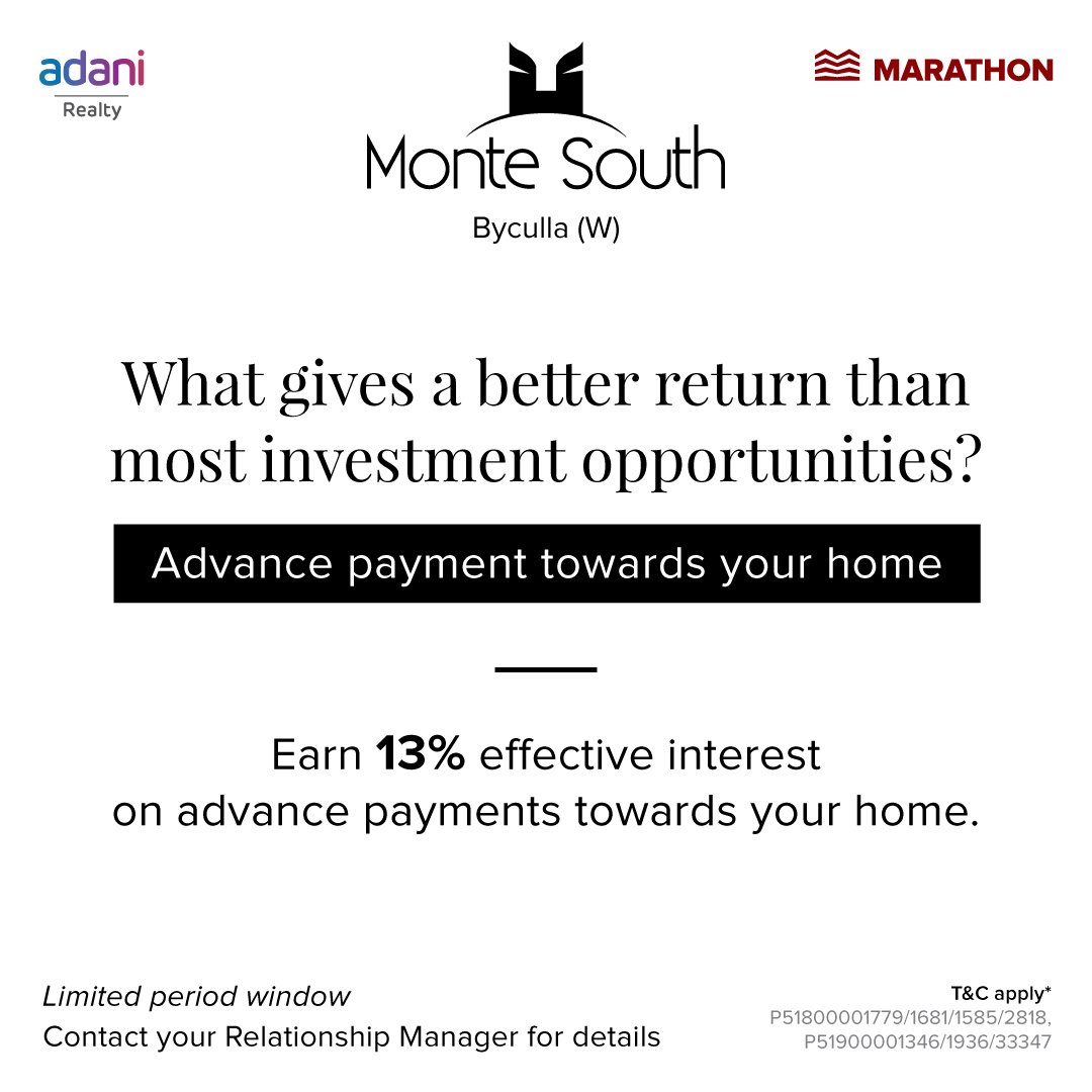 VishalBhargava5's tweet photo. Mumbai developers throwing all sorts of payment schemes towards buyers. An interesting one here by Adani - Marathon. Earn 13% by making advance payment towards your home. Is this a signal towards a tougher funding environment going forward? https://t.co/AlEvhcQWNh