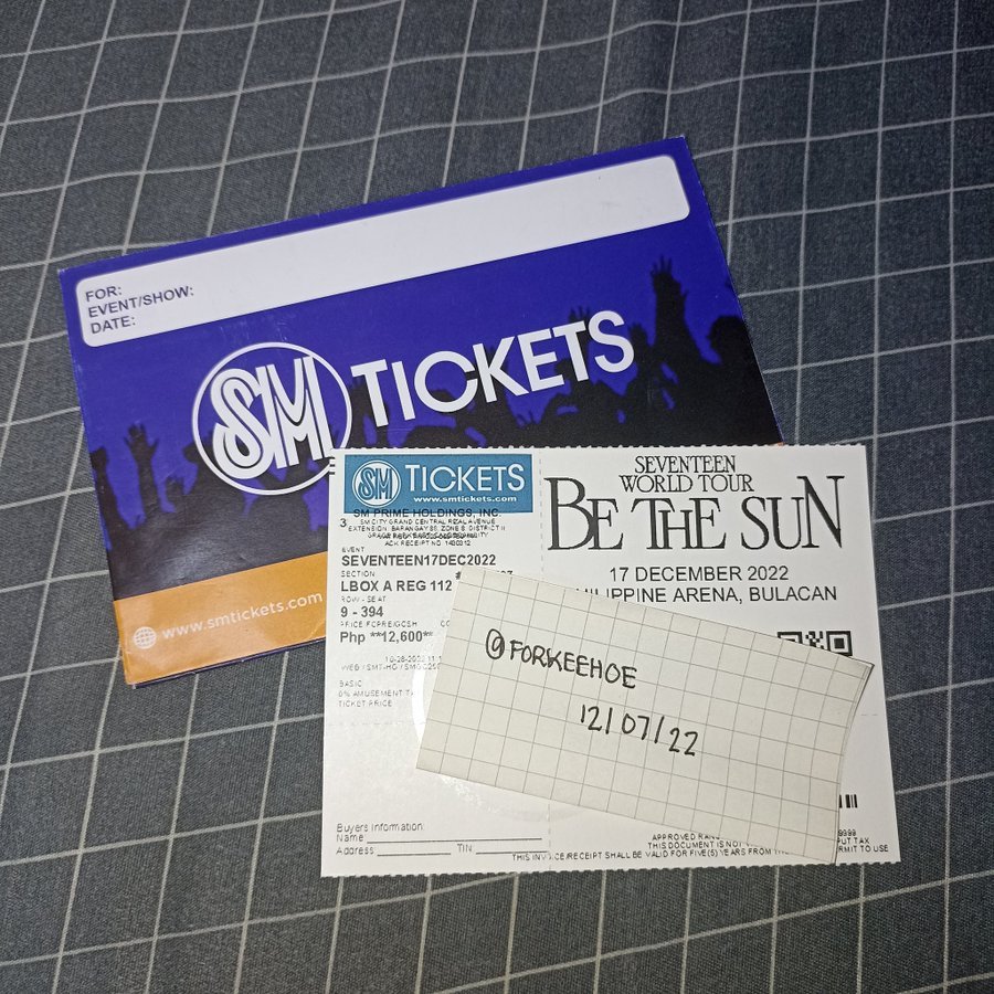 forkeehoe's tweet photo. wts lfb ph 17

bets in bulacan 
• LBA regular section 112 
• row 9 (malapit sa grounds and seventeen cart since carat sale nabili) seat 394
- meet up only valenzuela or sm manila

be the sun in bulacan concert ticket
ㅡ current offer 15k, dm to claim https://t.co/WAG4C1r0CU