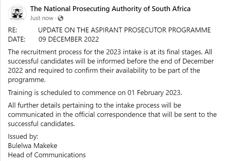 UPDATE ON THE ASPIRANT PROSECUTOR PROGRAMME