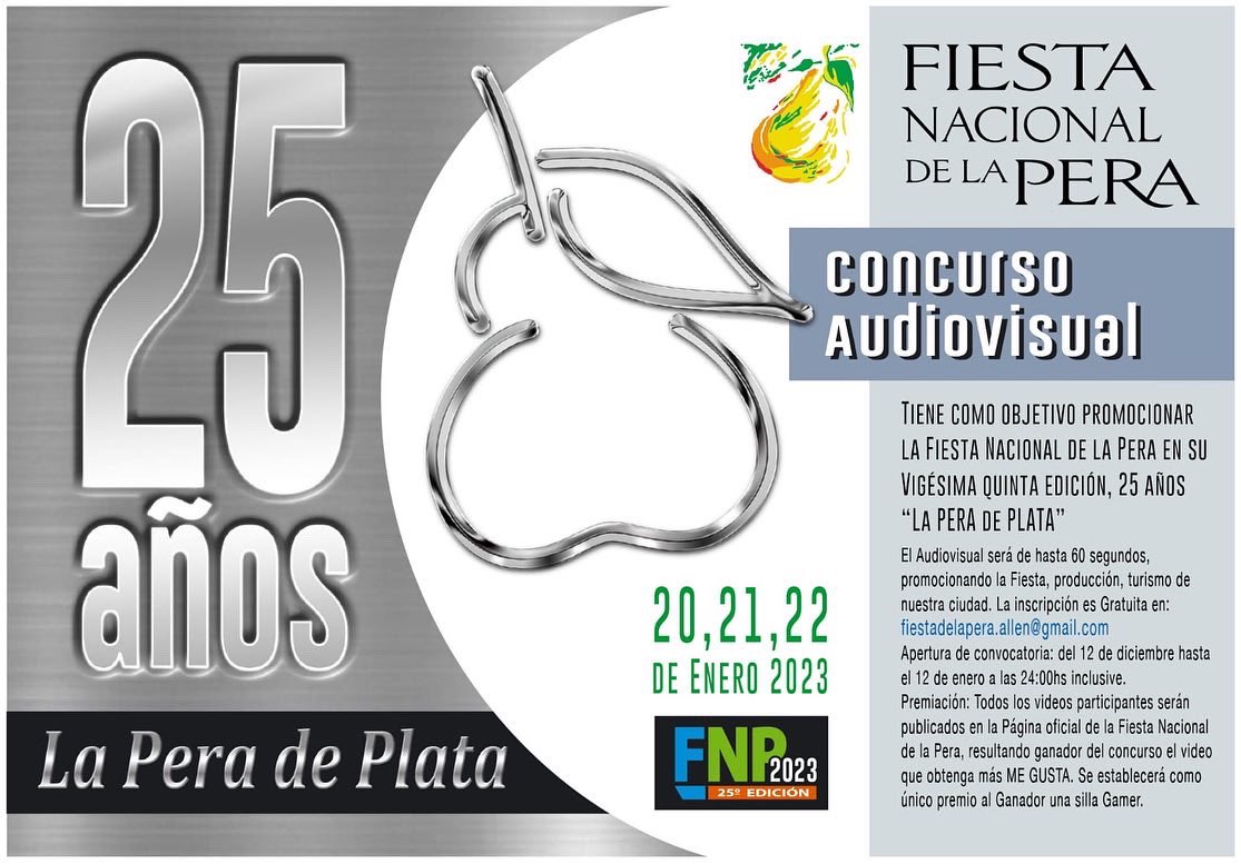 FNPALLEN's tweet photo. 🍐Arte en la #peradeplata 🍐

Abrimos convocatoria para la “Gran Muestra Artística” y el “Concurso Audiovisual”.

Para más info comunicarse a fiestadelapera.allen@gmail.com

#FNP2023 #25años https://t.co/mrDe5o322I