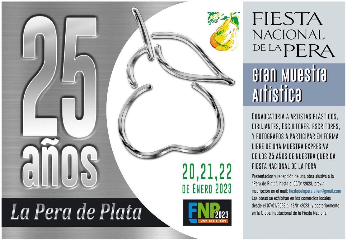 FNPALLEN's tweet photo. 🍐Arte en la #peradeplata 🍐

Abrimos convocatoria para la “Gran Muestra Artística” y el “Concurso Audiovisual”.

Para más info comunicarse a fiestadelapera.allen@gmail.com

#FNP2023 #25años https://t.co/mrDe5o322I
