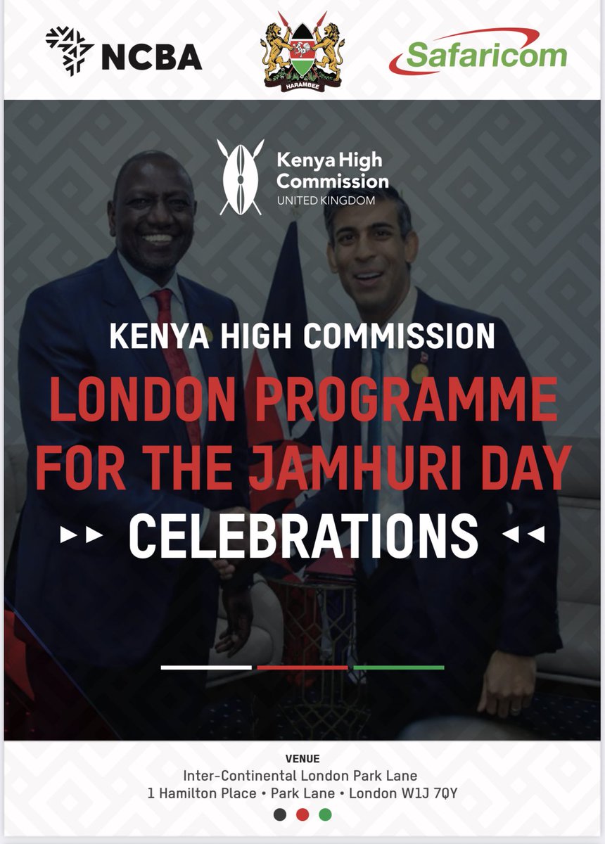HAPPENING TODAY!

Are you in London? <a href="/KenyaMissionUK/">Kenya in UK 🇰🇪🇬🇧</a> is hosting #JamhuriDay2020 🇰🇪 celebrations from 1PM GMT/4pm EAT

Remarks by <a href="/FCDOGovUK/">Foreign, Commonwealth & Development Office</a> ,HC <a href="/MEsipisu/">Amb. Manoah Esipisu EBS</a> , <a href="/AmbKiarieKamere/">Amb. Kiarie Kamere</a> .The amazing <a href="/EmmyKosgei/">Amb.Emmy Kosgei</a> will be performing.

Here In Kenya Jamhuri Day will be marked on Monday 12th Dec.