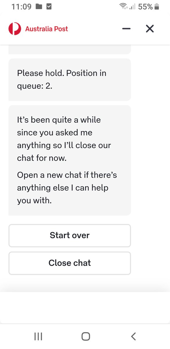 SarahSWKerry's tweet photo. Waiting hours in a chat, unable to type anything into the chat and it automatically closes. I've DM'ed you @auspost, please reply! https://t.co/KYWTzXKvbT