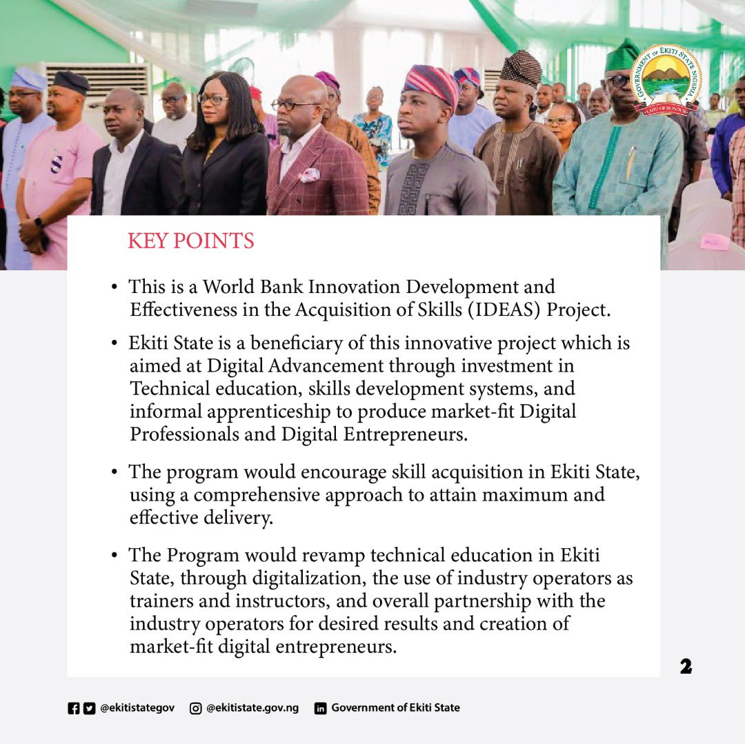 ekitistategov's tweet photo. Governor Oyebanji @biodunaoyebanji launched the Innovation Grant Facility in Ekiti State to enhance #innovation and creativity through advanced #digital skills and digital #entrepreneurship. 

Check the infographics for more details 📲 

#BAOGovernance #Ekiti #KeepEkitiWorking https://t.co/F8O0Svbah7