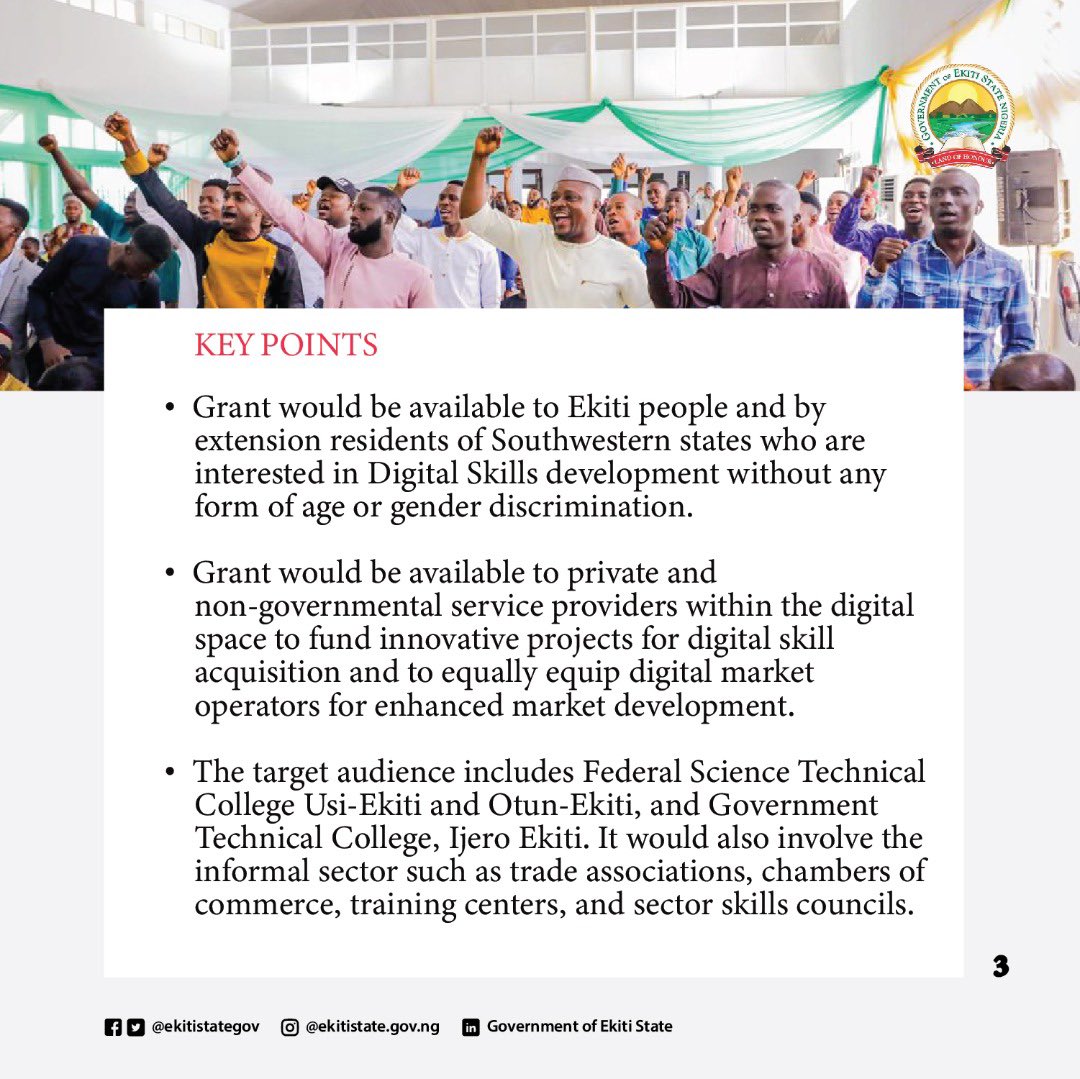 ekitistategov's tweet photo. Governor Oyebanji @biodunaoyebanji launched the Innovation Grant Facility in Ekiti State to enhance #innovation and creativity through advanced #digital skills and digital #entrepreneurship. 

Check the infographics for more details 📲 

#BAOGovernance #Ekiti #KeepEkitiWorking https://t.co/F8O0Svbah7