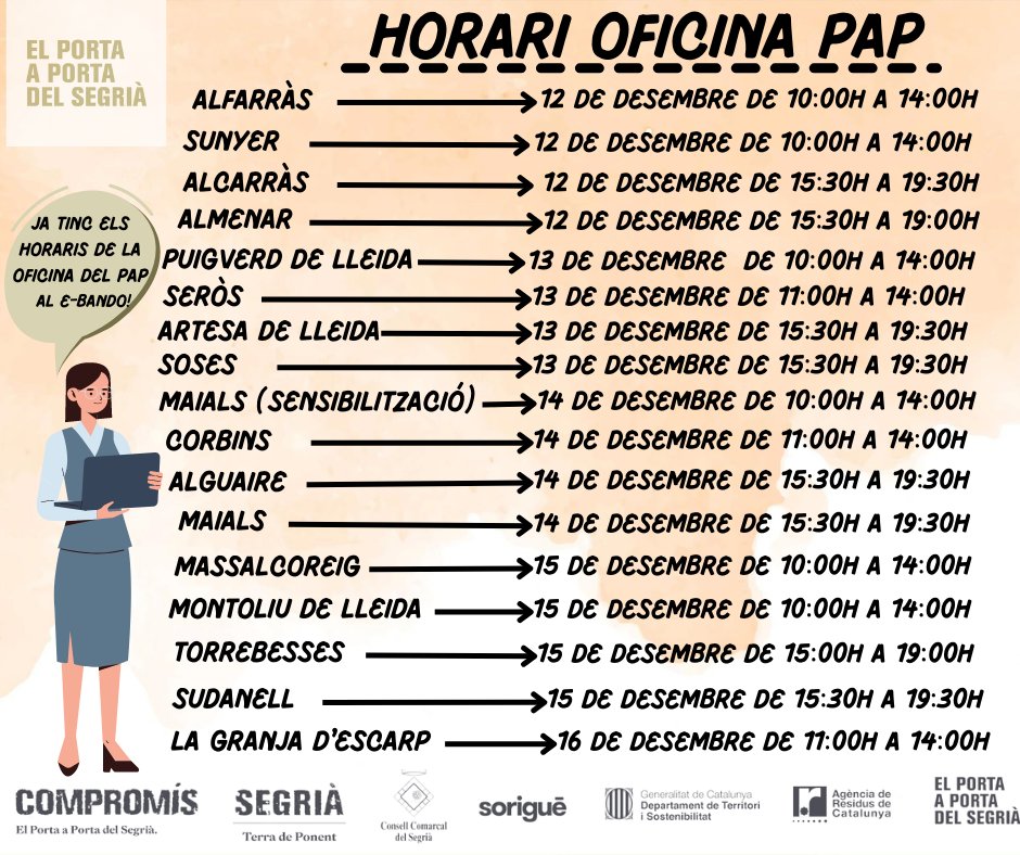 segriapap's tweet photo. Recordem els horaris d’oficina del porta a porta de la setmana vinent.
Per més informació consulteu el nostre web https://t.co/REPCBwu1Oy
#ObjectiuRezero #CCSegria #Segriaresidus #TerradePonent #Lleida #Sostenibilitat #Reciclatge https://t.co/H8k4m9DtUX