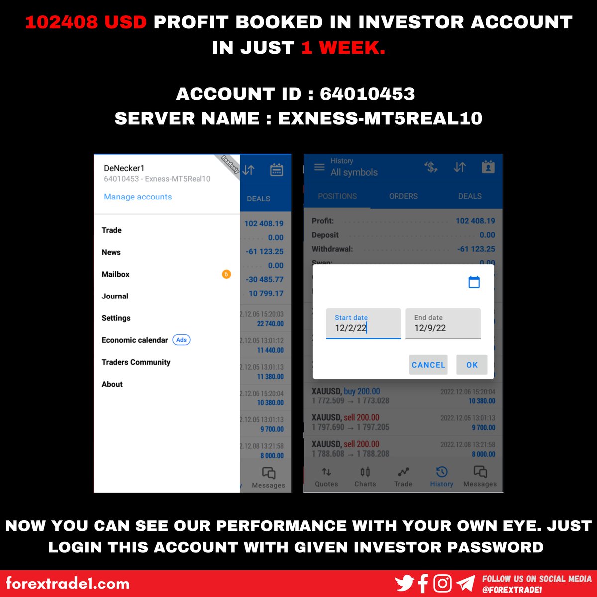 avajames1984's tweet photo. 102408 USD PROFIT BOOKED IN INVESTOR ACCOUNT IN JUST 1 WEEK.
»Start Date: 25/8/2022
»Login Id: 64010453 
»Investor Password: ASK US
»Server Name: Exness-MT5Real10
»Account Type: MT5
» Connected Strategy = #GOLD

#Investment #investing #Dollar #forextrader #forextrading #trading https://t.co/TiuzoO8r0w