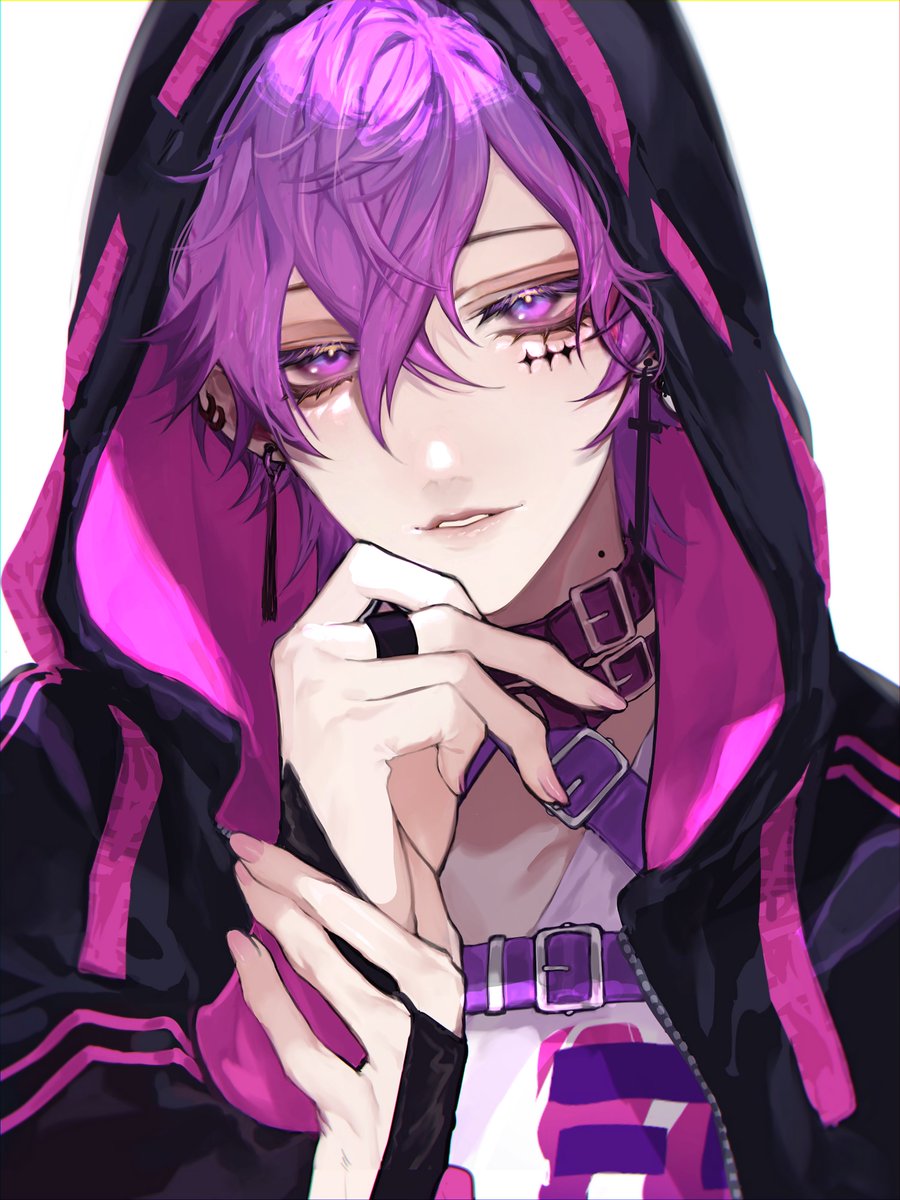 1boy male focus hood solo purple hair jewelry earrings  illustration images