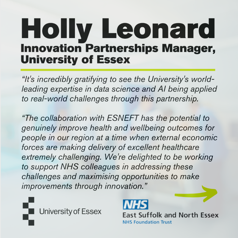 UoE_Business's tweet photo. 📢 New partnership alert! The @Uni_of_Essex with @EssexIADS is using its expertise in data analytics and AI to help make real-world improvements to vital hospital services in a new partnership with the East Suffolk and North Essex NHS Foundation Trust

Read more here 👇
