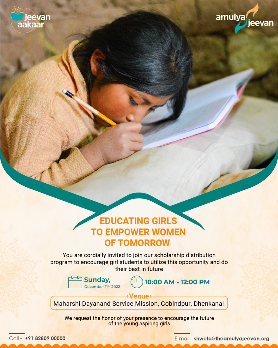avinashkhemka's tweet photo. The Amulya Jeevan Foundation is organizing a Scholarship Distribution Program to help meritorious girl students from underprivileged backgrounds. Join us on 11th December, at Maharshi Dayanand Service Mission, Gobindpur, Dhenkanal, from 10:00 am to 12:00 pm. https://t.co/LHSbEnSwfy