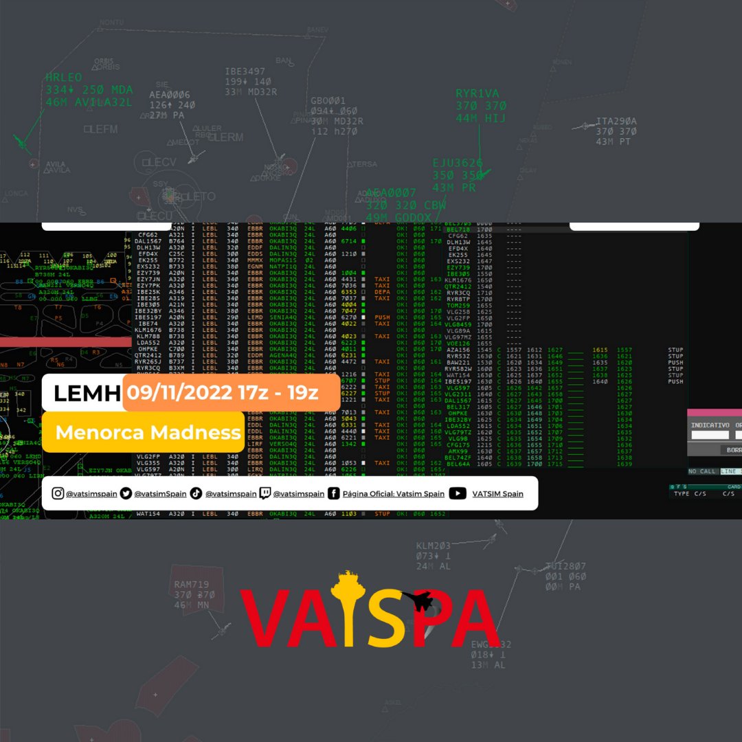 vatsimSpain's tweet image. Hoy, 9 de diciembre, desde las 17:00Z hasta las 19:00Z, te invitamos a volar en nuestro nuevo evento 'Menorca Madness' (LEMH).
Se espera control tanto en salida como en llegada. ¡Acompáñanos en los canales en Discord!
¡Volar, controlar y disfrutar!

#vatsimspain #virtualatc