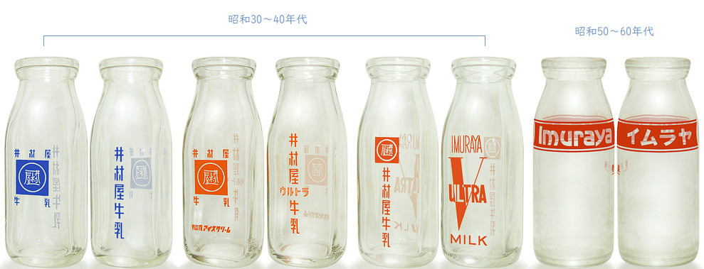 かつて県下トップクラスの処理量を誇った、井村屋牛乳の古瓶5種。昭和
