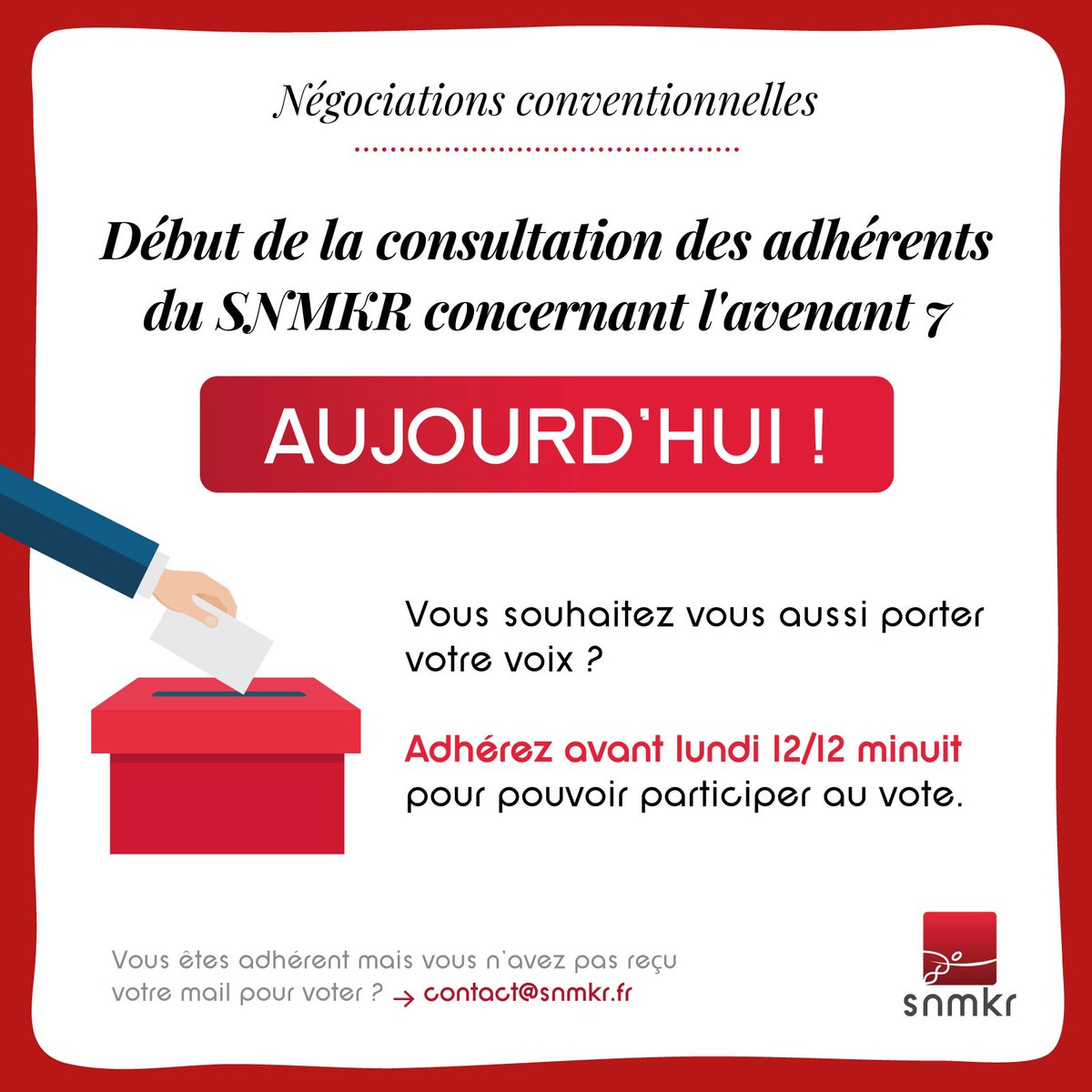 SNMKR1's tweet photo. C’est parti ! La signature de l’avenant 7 est soumise au vote des adhérents du SNMKR depuis ce matin !

Vous voulez participer ? Rendez-vous ici : https://t.co/iMze2aeYM1 #TeamKine https://t.co/AjZAQoIxti