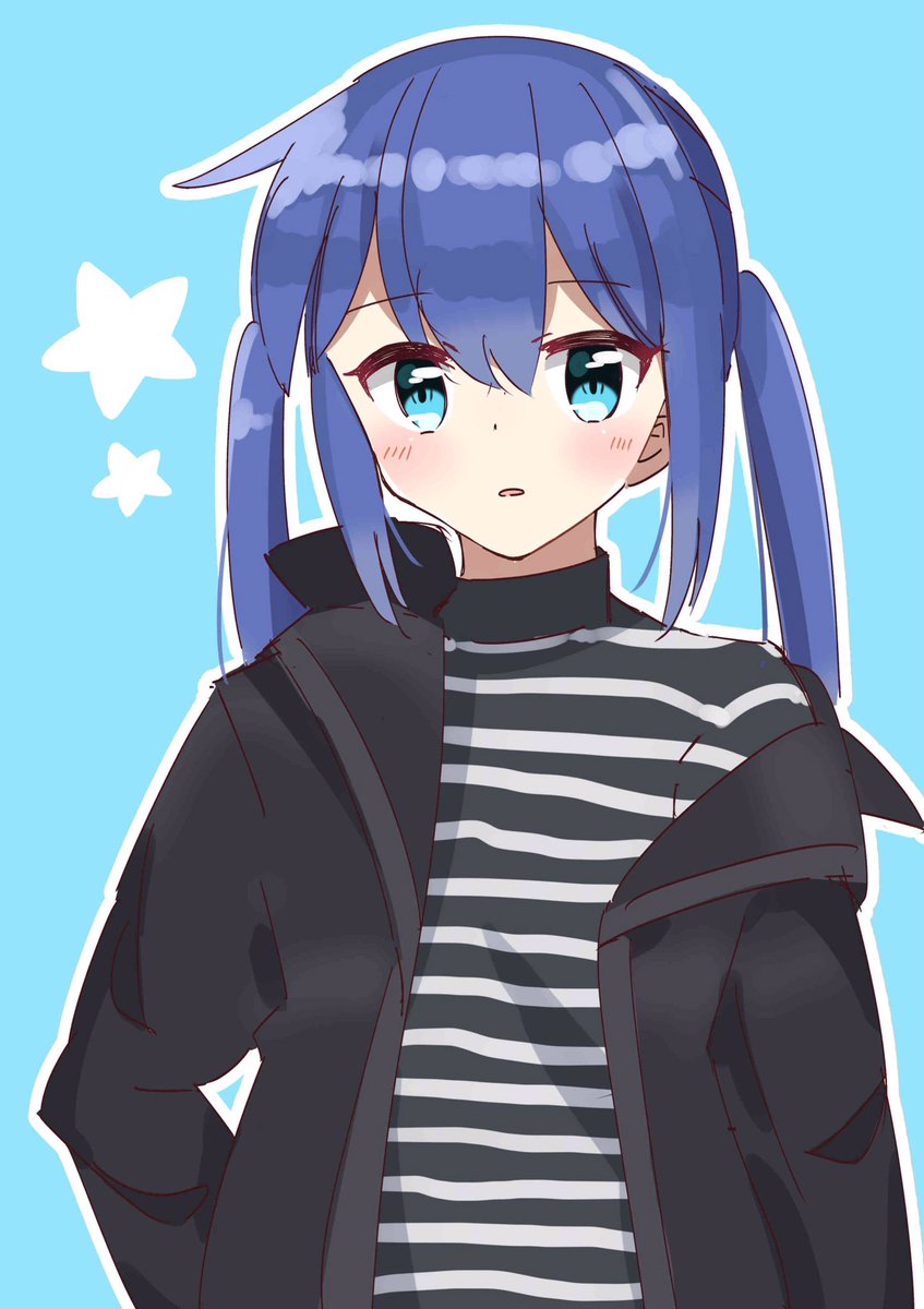 1girl solo blue hair striped shirt twintails shirt blue eyes  illustration images