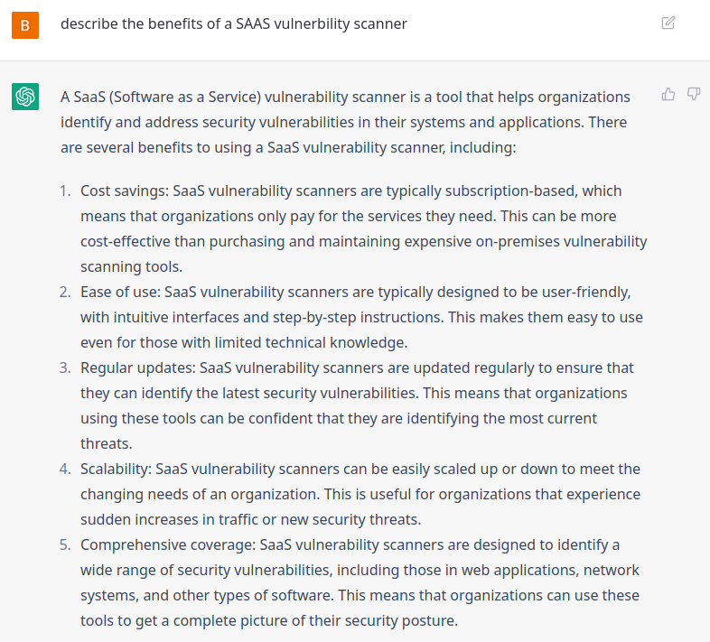 If you are not sure why you should use a SAAS vulnerability scanner like Offensity, we just asked ChatGPT for the benefits of using Offensity, and we like the answer ;)