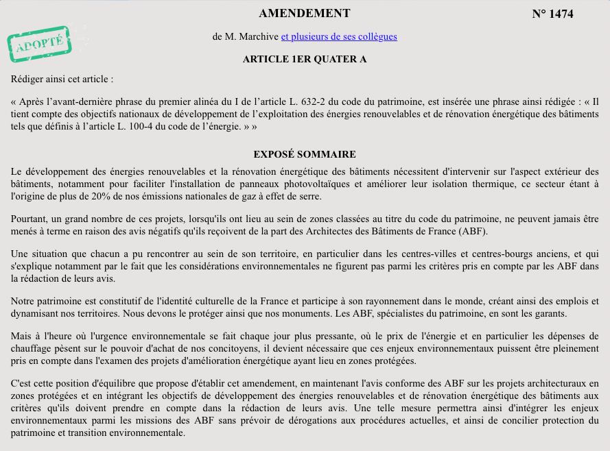 B_Marchive's tweet photo. ✅️ Mon amendement au #PJLENR est adopté avec un large consensus !
Les ABF devront désormais tenir compte des objectifs de développement des énergies renouvelables et de rénovation énergétique dans leurs avis.
Oui, nous pouvons concilier #patrimoine et #transitionécologique ! https://t.co/e8Pvsh3pMp