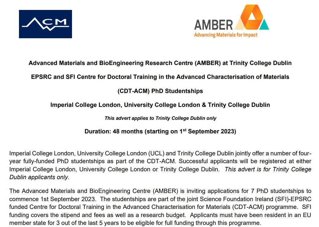 AMBER (@ambercentre) on Twitter photo 📢4 year fully-funded (CDT-ACM) PhD studentships on offer!
Eligibility tcd.ie/study/internat…
Closing date: Wed 4th Jan 2023
Interviews expected from Thurs 2nd Feb 2023
More info: ambercentre.ie/wp-content/upl…
#fullffunded #phd #studentship #advancedmaterials 📢4 year fully-funded (CDT-ACM) PhD studentships on offer!
Eligibility tcd.ie/study/internat…
Closing date: Wed 4th Jan 2023
Interviews expected from Thurs 2nd Feb 2023
More info: ambercentre.ie/wp-content/upl…
#fullffunded #phd #studentship #advancedmaterials
