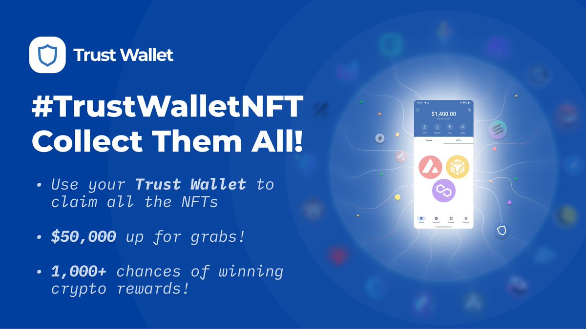 TrustWallet's tweet image. Collect all the FREE #NFTs for the chance to win $50,000 of #crypto rewards! #TrustWalletNFT 

Entry rules:
💙 Collect all the free NFTs in the threads below
💙 Follow the directions in each bounty
💙 Use your #TrustWallet to enter

There's 1 week remaining, go go go!👇
