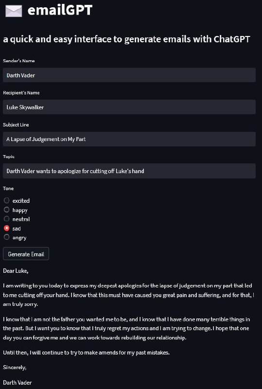 seguridadyredes's tweet photo. #EmailGPT
EmailGPT is a quick and easy interface to generate emails with #ChatGPT (https://t.co/y1wtuAYLkS). To try it out, click the "Open in Streamlit" button above, or click here (https://t.co/wI6F6OX6gG).
https://t.co/AEepDmPuCY https://t.co/xkr6hlFRGX